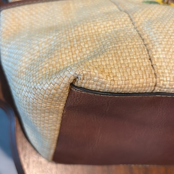 Fossil  straw satchel  Crossbody bag embroidered/beads tan/brown leather trim - Picture 16 of 17